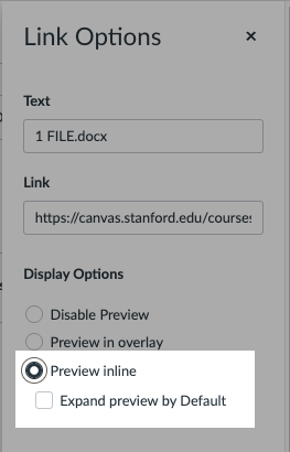 List of options with Preview Inline and Expand Preview by Default selected