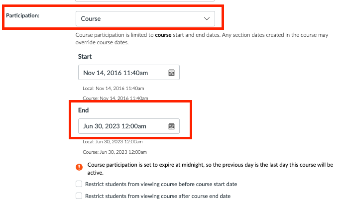Participation section with option fields