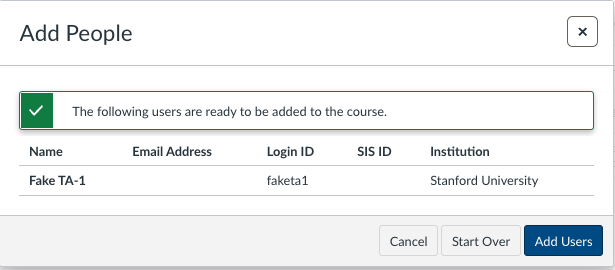 Add People prompt with a user that is ready to be added to a course