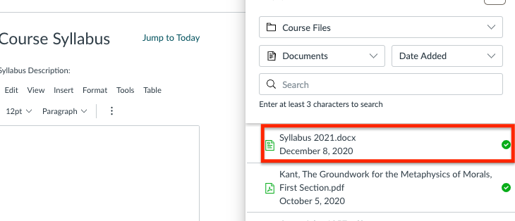 Panel listing course files including syllabus