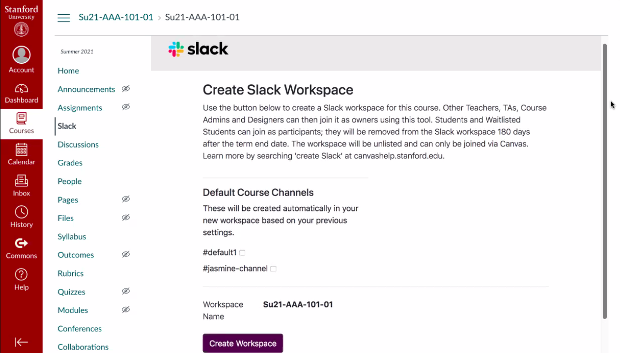 create slack workspace with default channels as options to select