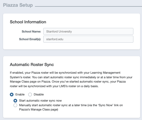Piazza setup page with options for automatic roster sync