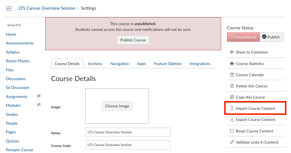 Location of Import Course Content button on course Settings page
