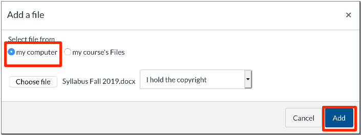 Pop-up to add a file from computer or course Files