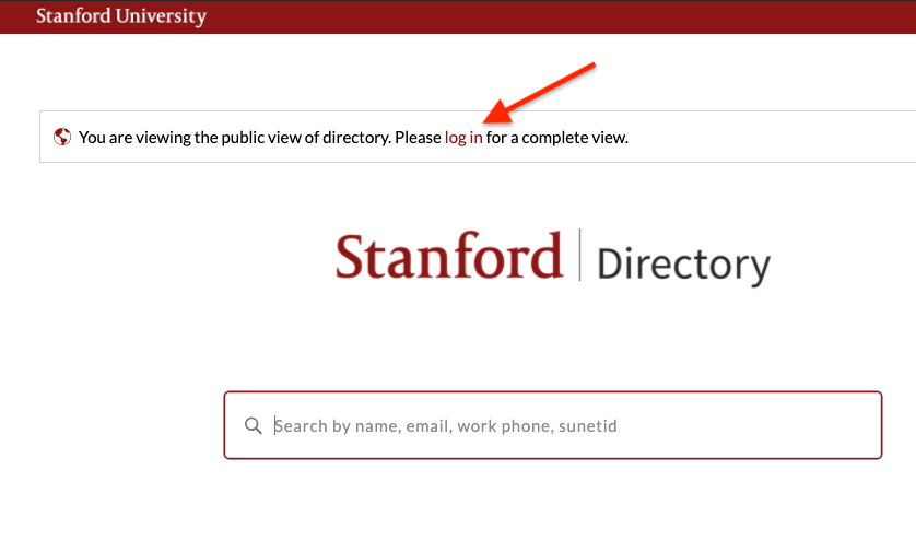 Stanford Directory with arrow pointing to login link