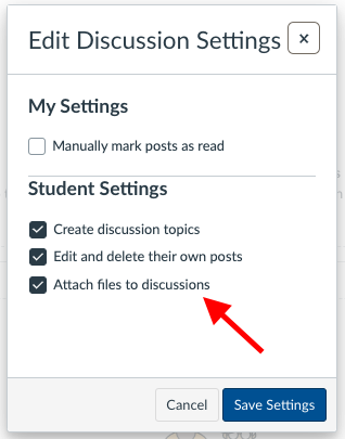 Arrow pointing to checkbox option to allow students to attach files