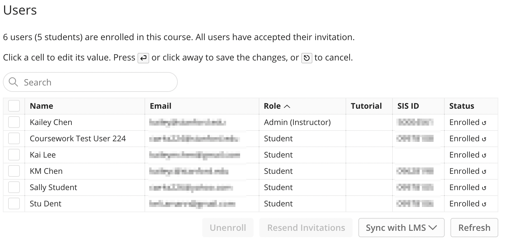 list of many users that were added to Ed course