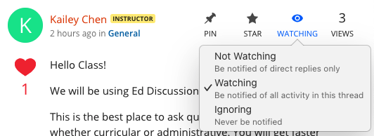 Drop-down of three options for watching a post
