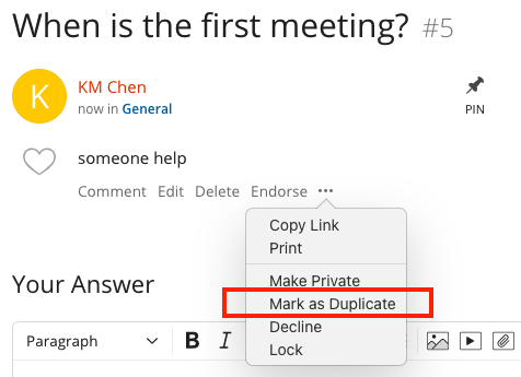 dropdown menu of options with a circle around mark as duplicate