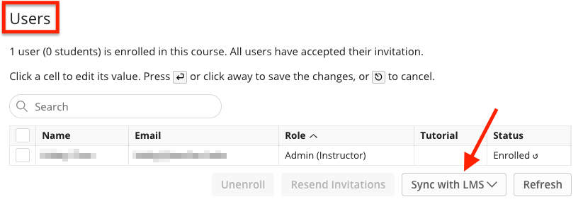 List of one user and option to sync with LMS