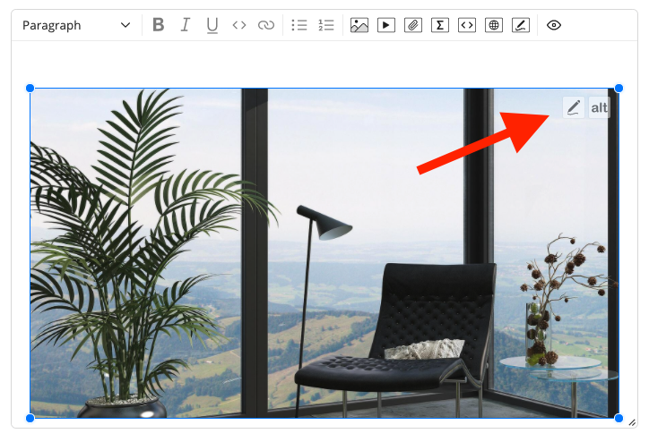 Image of view from office with arrow pointing to pencil icon for annotations