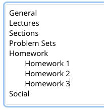 List of subcategories listed under primary categories