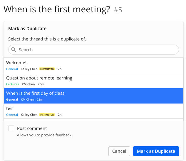 results of possible matches to duplicate post
