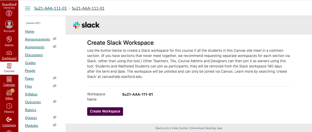 Canvas Slack integration with button to create a workspace