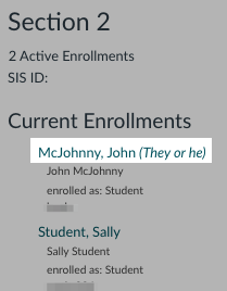 Student enrollments with a student's pronoun visible